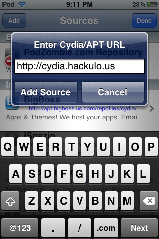 Open up Cydia and Navigate to the Manage Tab then Go into Sources > Edit > Add