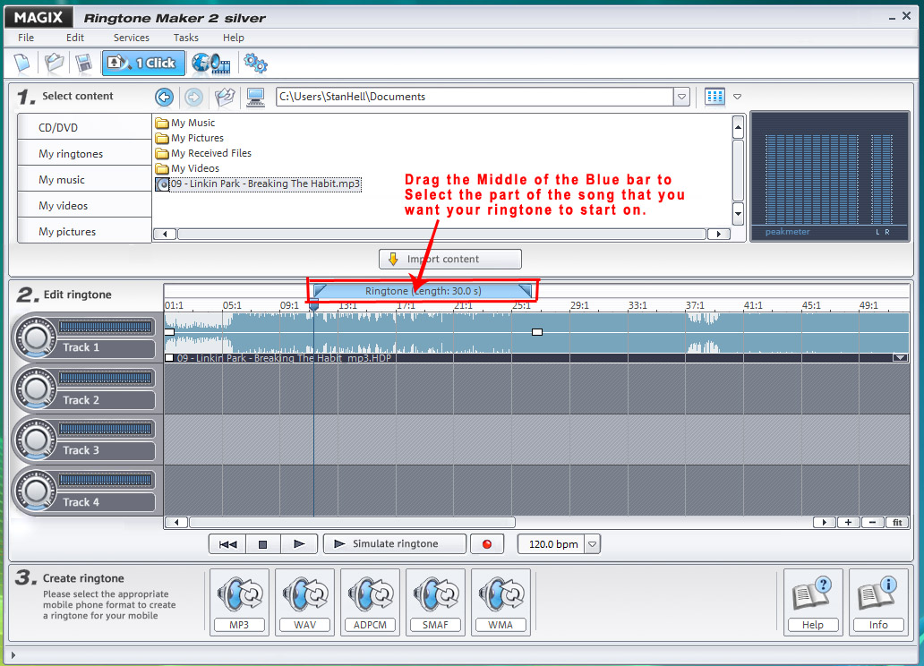 Click the Middle of the Blue bar and drag it to the part of your song where you want your Ringtone to start.