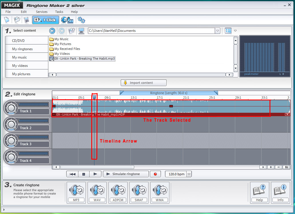 Click on your Track and then Select the Timeline Arrow and move it to the position you want to split your song.