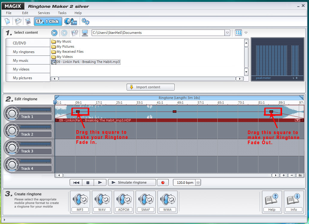 Drag the red squares to make your Ringtone Fade in or Fade out.