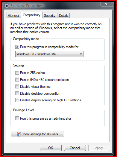 Right click on the Spirit.exe and go into the properties dialog box