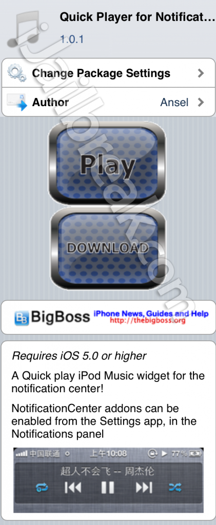 Quick Player For Notification Center Cydia Tweak