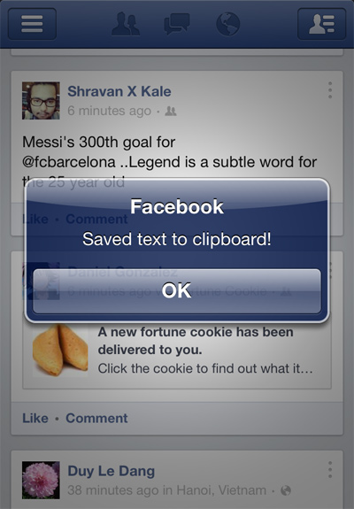 Enable Copy Text In Facebook Cydia Tweak