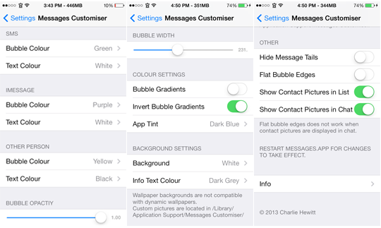 Messages Customiser Settings