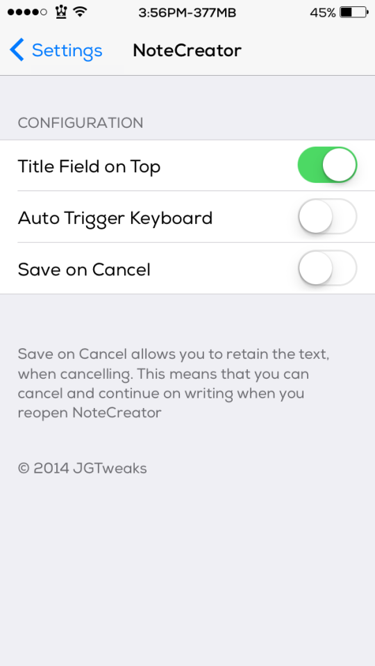 NoteCreator Cydia Tweak Settings